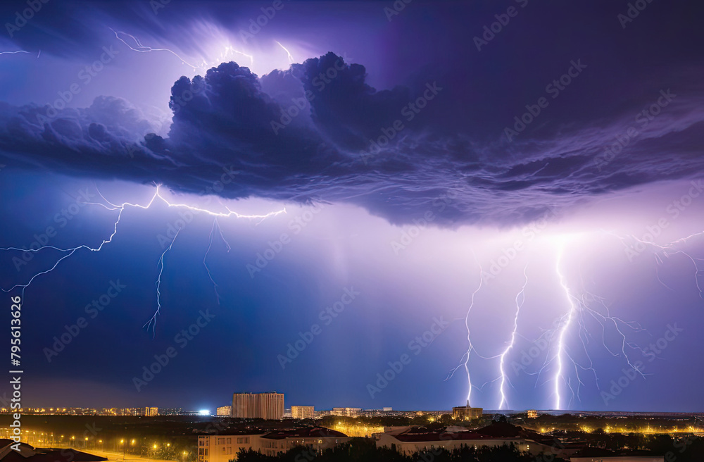 Thunderstorm with flashes of bright lightning and a thundercloud at night over the city. Spring thunderstorms, weather forecast.
