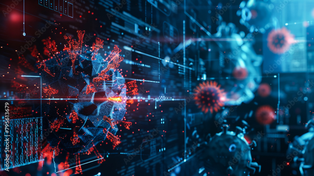 Red virus particle in a cyber data network Red virus particle in a cyber data network