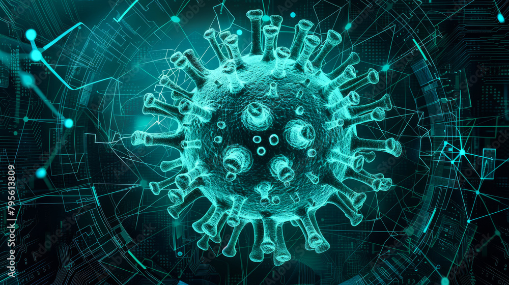 Obraz premium Neon blue virus model with network data background
