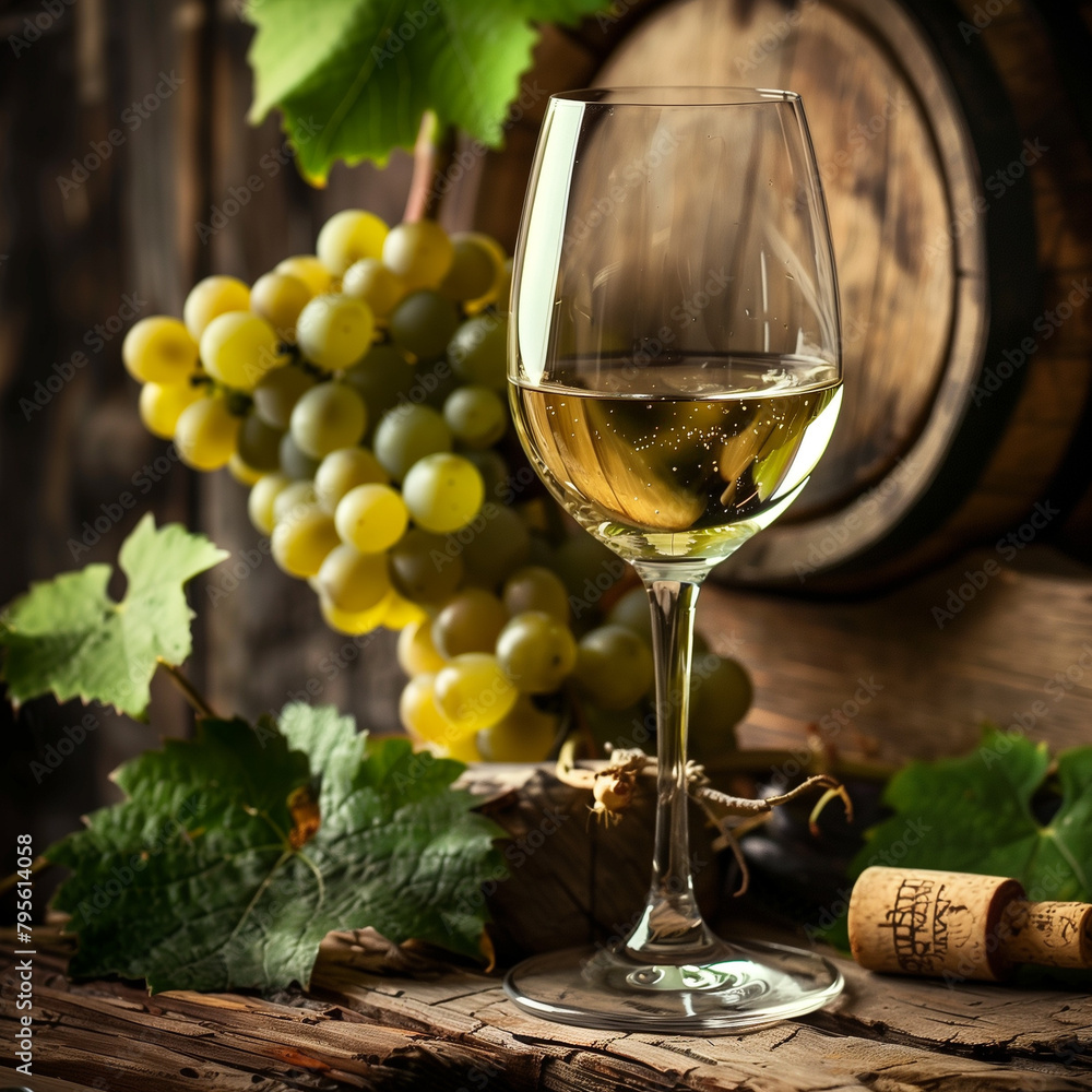 Aromatic White Wine in Crystal Glass Amidst Vineyard Harvest - Gourmet Wine Experience, Rustic Charm