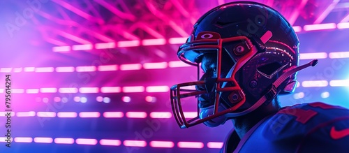 Close-up portrait of african american football player in a helmet on an ultraviolet neon background
