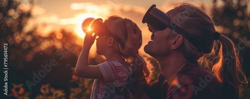 A back view of the father with him child looking for the sun during a solar eclipse in the nature. photo