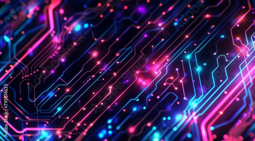 colorful circuit board pattern on a black background, with neon blue and purple lines the digital connections between parts of an electronic device in the style of an electronic circuit Generative AI
