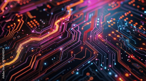 A closeup of an intricate circuit board with neon lines and colorful patterns, representing the complexity of data flow in AI models Generative AI