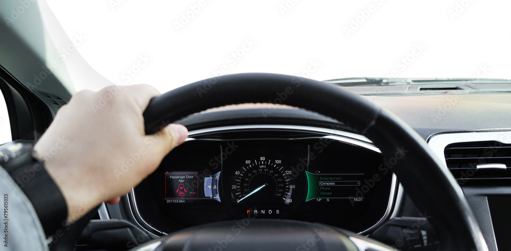 Man driving car with speedometer on dashboard, closeup