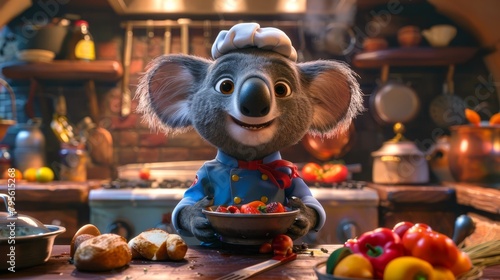  A cartoon koala holds a bowl of food in front of a laden table, displaying various dishes and utensils