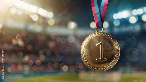 Close-up of a gold medal for first place, with a sports stadium in the background