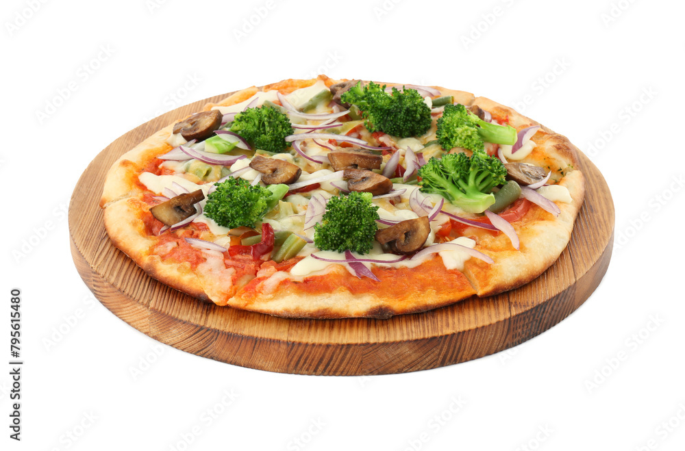 Delicious vegetarian pizza with mushrooms isolated on white