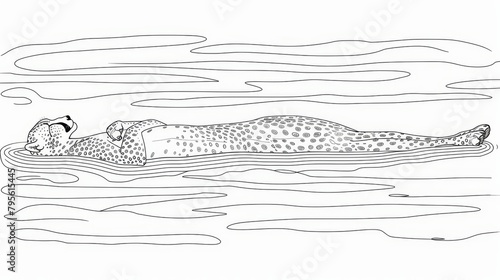  A cheetah submerged in water, head raised above the surface – black and white drawing