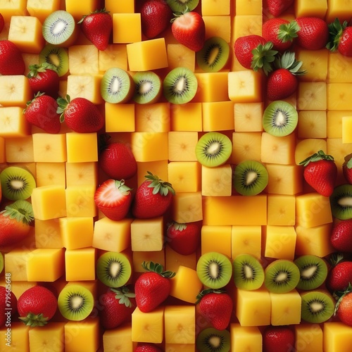 Background which consists of fruit cubes: kiwi, orange, strawberry, lemon. Creative background.