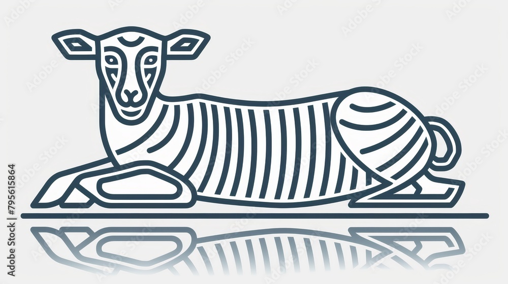 Obraz premium A black-and-white drawing of a sheep seated on a reflective surface, its body adorned with a rib-knit pattern