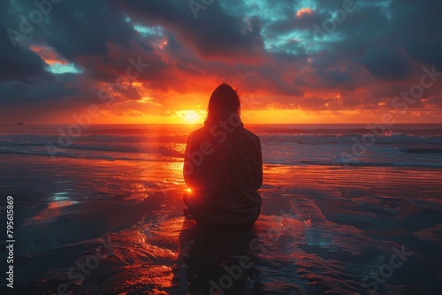 A solitary person sits on a beach contemplating the sublime sunset, with a reflective mood of loneliness