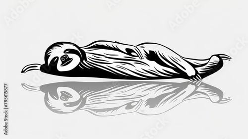   A black-and-white drawing of a sloth reclining on its back  mirrored in the ground before it