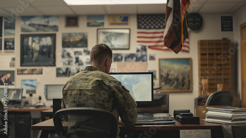 Inside a bustling recruitment office, a man reviews educational opportunities with a supportive recruiter, surrounded by images of military life and training facilities. photo