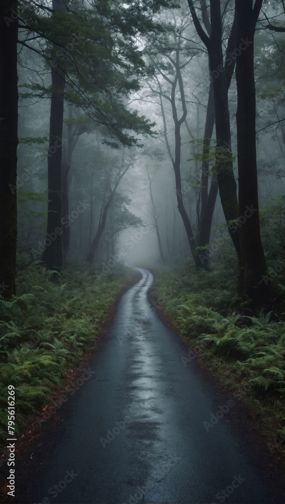 Tranquil Passage, A Straight Road Leading Through the Calm and Misty Embrace of a Forest.