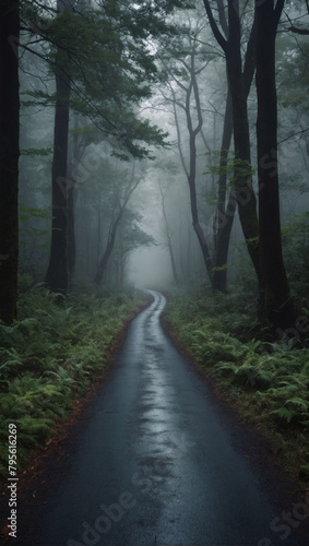 Tranquil Passage  A Straight Road Leading Through the Calm and Misty Embrace of a Forest.