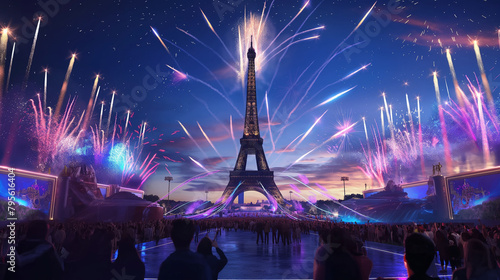 The grand opening ceremony of the Paris 2024 Olympics, with a dazzling display of fireworks lighting up the iconic Eiffel Tower against the night sky, marking the start of a specta photo