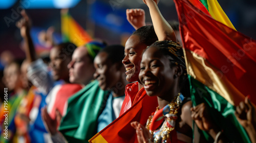 Close-up of athletes from diverse nations parading proudly during the Olympic Games' opening ceremony at Stade de France, their excitement and determination palpable as they repres photo