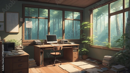 Tranquil Retreat, Lofi Empty Interior Featuring a Messy Desk and Window View of a Forest, Rendered in Anime Manga Style. © xKas