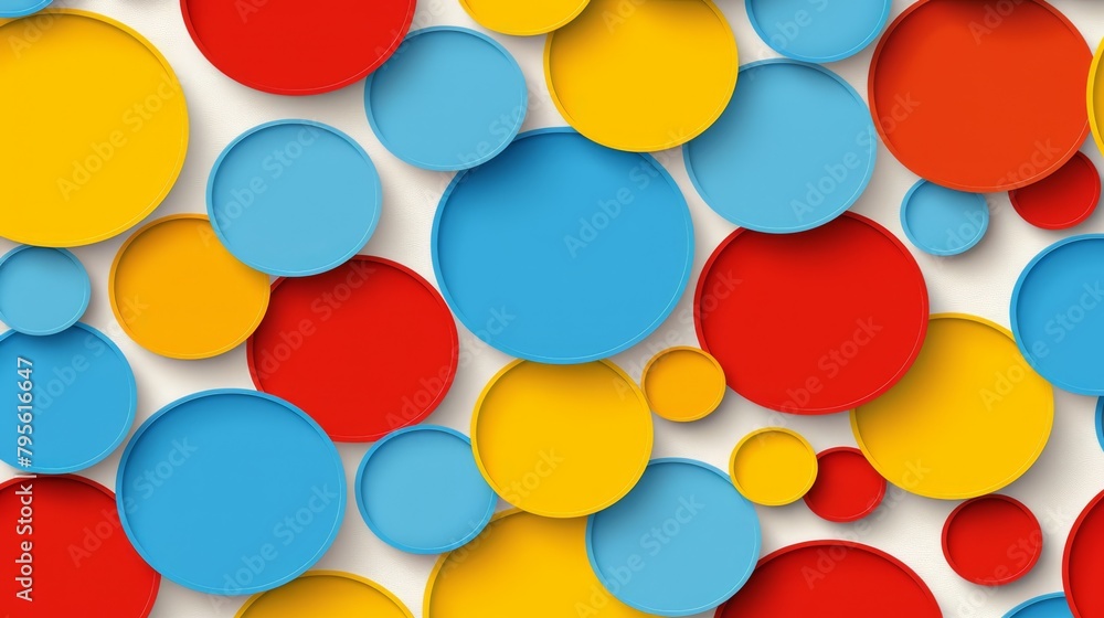   A collection of varied circles against a white backdrop, featuring a red, yellow, and blue circle at the center