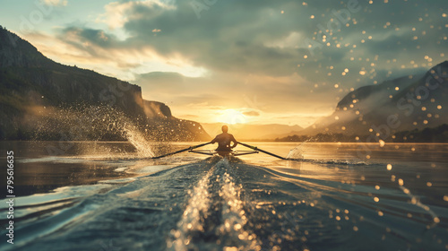 A rower powering through calm waters, oars slicing through the surface with rhythmic precision, leaving a trail of spray against a scenic backdrop.