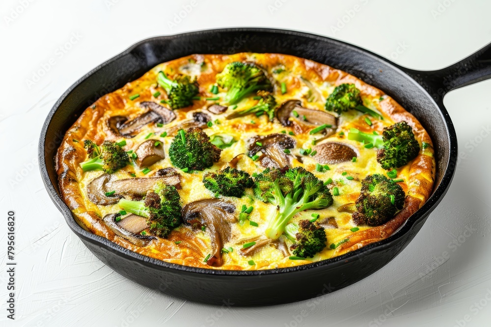 Broccoli and mushroom frittata in black cast iron skillet on white surface.