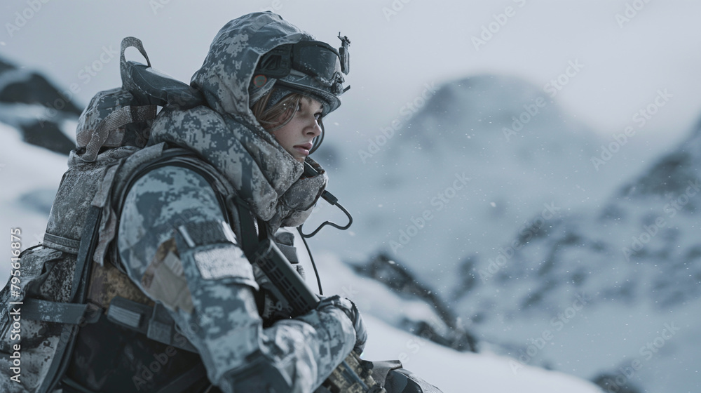 Amidst a snowy landscape, a female soldier clad in winter camouflage assembles a Starlink setup, her breath visible in the cold air, showcasing the versatility of military tech in