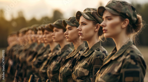 A group of disciplined female soldiers in full military uniform stands in perfect formation on a parade ground, showcasing the strength and unity of women in the armed forces. photo