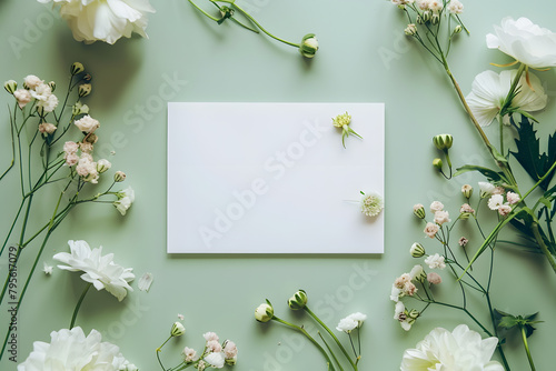 Stylish elegant flat lay olive green floristic greeting invitation post card with copy space mockup.