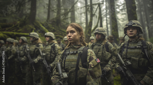 Amidst a forest clearing, a contingent of female soldiers stands resolute in formation, underscoring the integration of women into combat roles within the military. photo