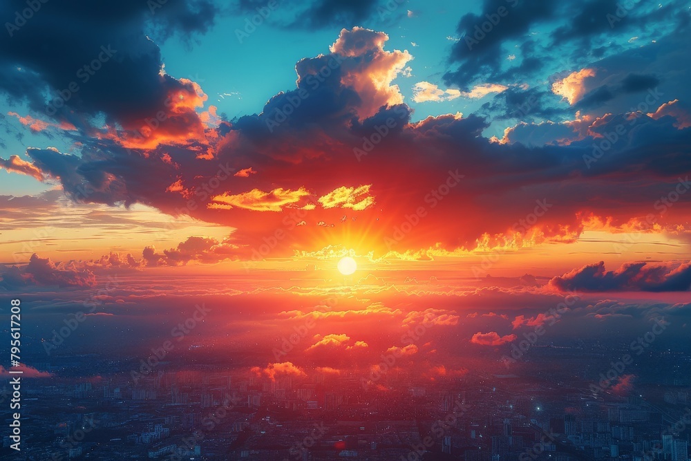 Fototapeta premium Breathtaking view of a city skyline against a dramatic backdrop of clouds and sunset