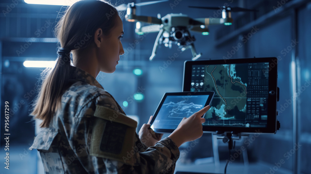 In a futuristic training facility, a female soldier operates a state-of-the-art reconnaissance drone indoors, her tablet displaying 3D mapping of simulated combat environments for In a futuristic training facility, a female soldier operates a state-of-the-art reconnaissance drone indoors, her tablet displaying 3D mapping of simulated combat environments for