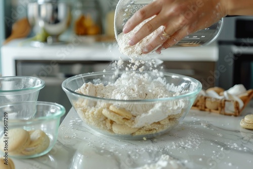 Caucasian female hands in kitchen with marble countertop pouring dry ingredients from food processor to sifter over a glass bowl, to make french macaron cookie base.