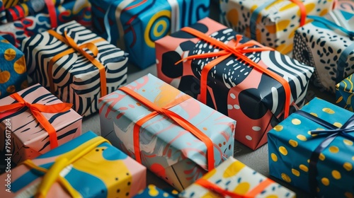 Close-up shot of wrapped presents featuring eye-catching patterns created with abstract shapes and bold colors