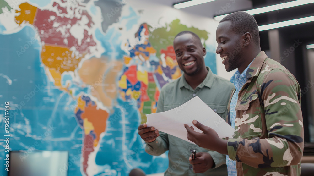 Obraz premium Inside a recruitment office, a man reviews paperwork with a cheerful recruiter, their interaction captured against the backdrop of a large map displaying global military operations