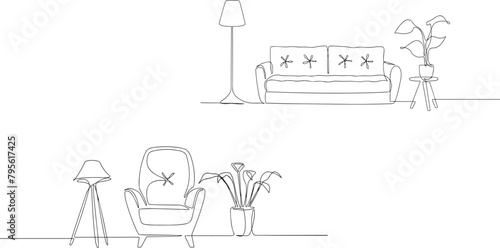 Continuous one line drawing of sofa and wall shelf with potted plants and floor lamp. 