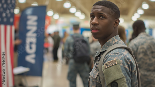 At a career fair, a man listens attentively to a recruiter's presentation, surrounded by banners and displays highlighting the pride and purpose of military service. photo