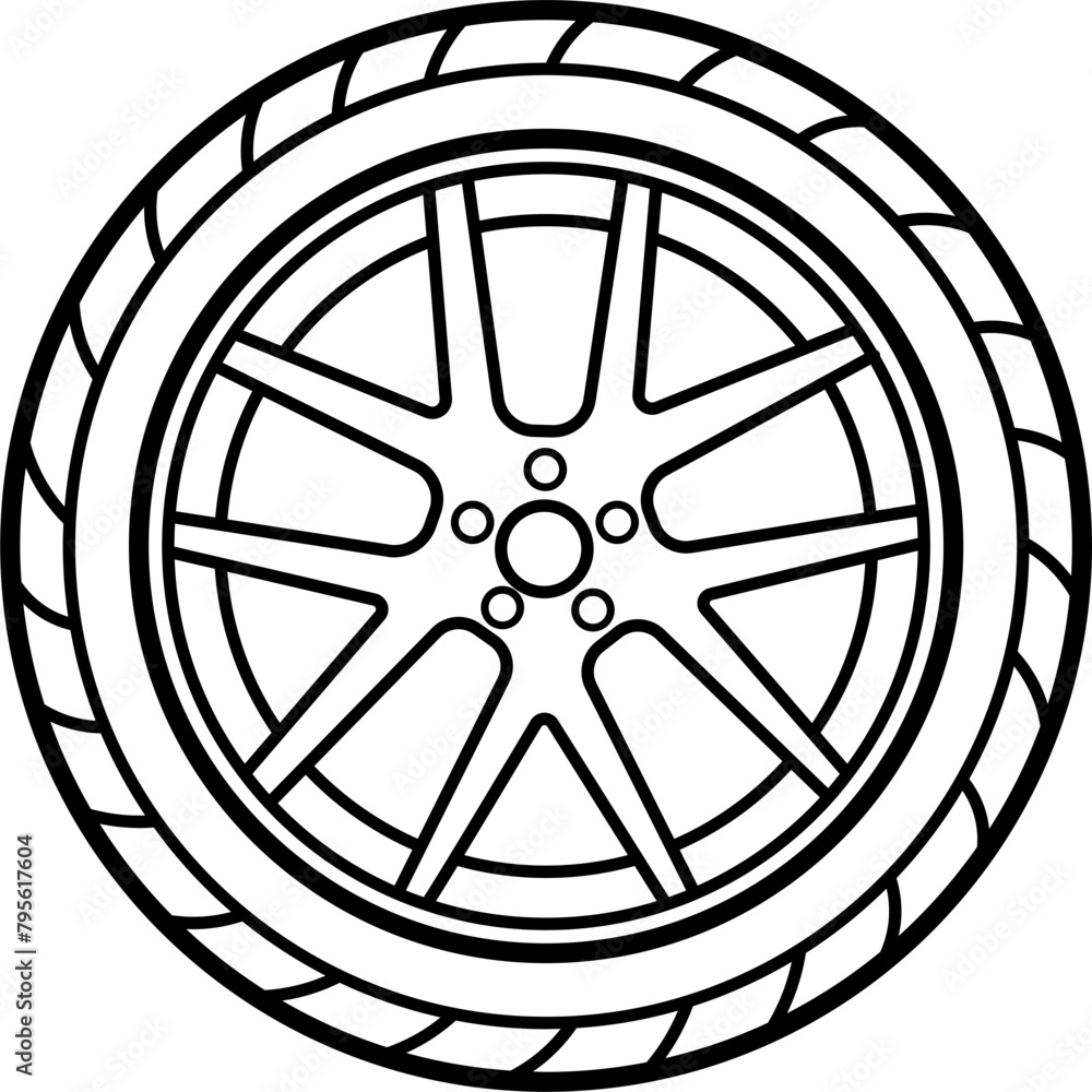 Car Wheel Vector Outline Illustration