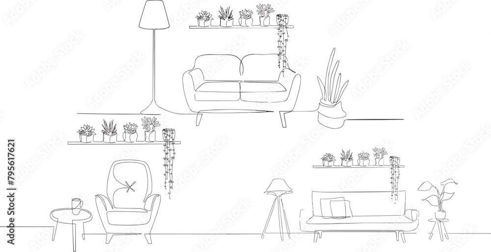 Continuous one line drawing of sofa and wall shelf with potted plants and floor lamp.