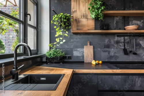 Corner worktop with a built-in sink in the kitchen module. Vertical shot of modern black interior design in loft style apartment © Aliaksandr Siamko