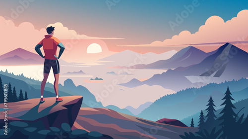 Adventurous Man Overlooking Majestic Mountain Landscape at Sunrise