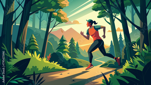 Woman Trail Running in Lush Green Forest at Sunrise