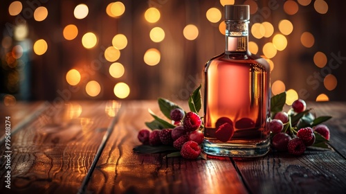 A bottle of alcohol sits atop a weathered wooden table, accompanied by a vibrant cluster of raspberries and a delicate sprig of leaves