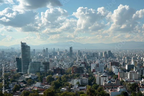 Scenery of skyline of Mexico City amidst a bustling day. AI generated