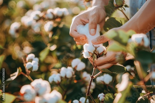 A person is holding cotton balls in a field of cotton flowers. The scene is peaceful and serene, with the cotton flowers swaying in the breeze #795618650