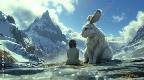 A whimsical jackalope befriends a lost traveler in need, on the top of snow mountain photo