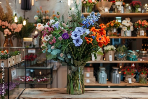 Flower shop with mix of fresh anemone  blooming wildflowers in vase  green eucalyptus branch and blue poppy. Shop and delivery concept. Wooden table and showcase stand in store  high angle view