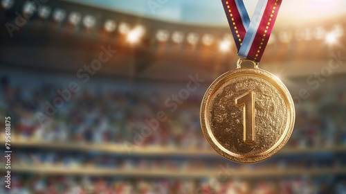 Close-up of a gold medal for first place, with a sports stadium in the background