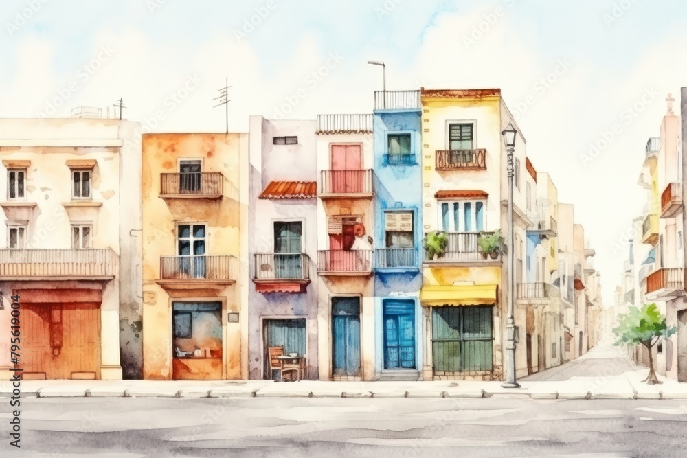 Watercolor illustration city street architecture building house.
