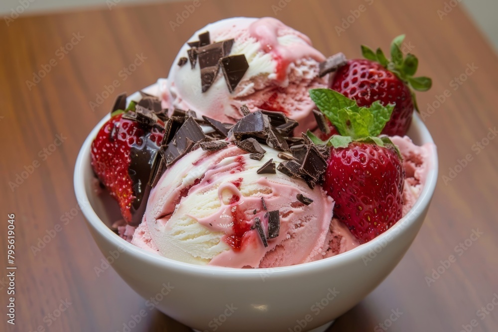 Pink strawberry ice cream illustrated in a vanilla sundae with tropical paradise flavors, including chocolate and raspberry lemonade in a summer ice cream tub. Pink strawberry ice cream illustrated in a vanilla sundae with tropical paradise flavors, including chocolate and raspberry lemonade in a summer ice cream tub.